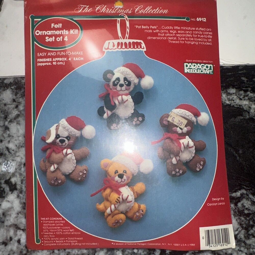 VINTAGE PARAGON NEEDLECRAFT Pot Belly Pets Felt Set Of 4 ORNAMENTS KIT  New